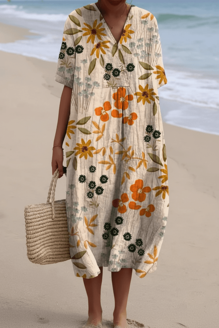 Floral Print V Neck Midi Dress for Beach Vacation and Fall Dresses for Women Occasions
