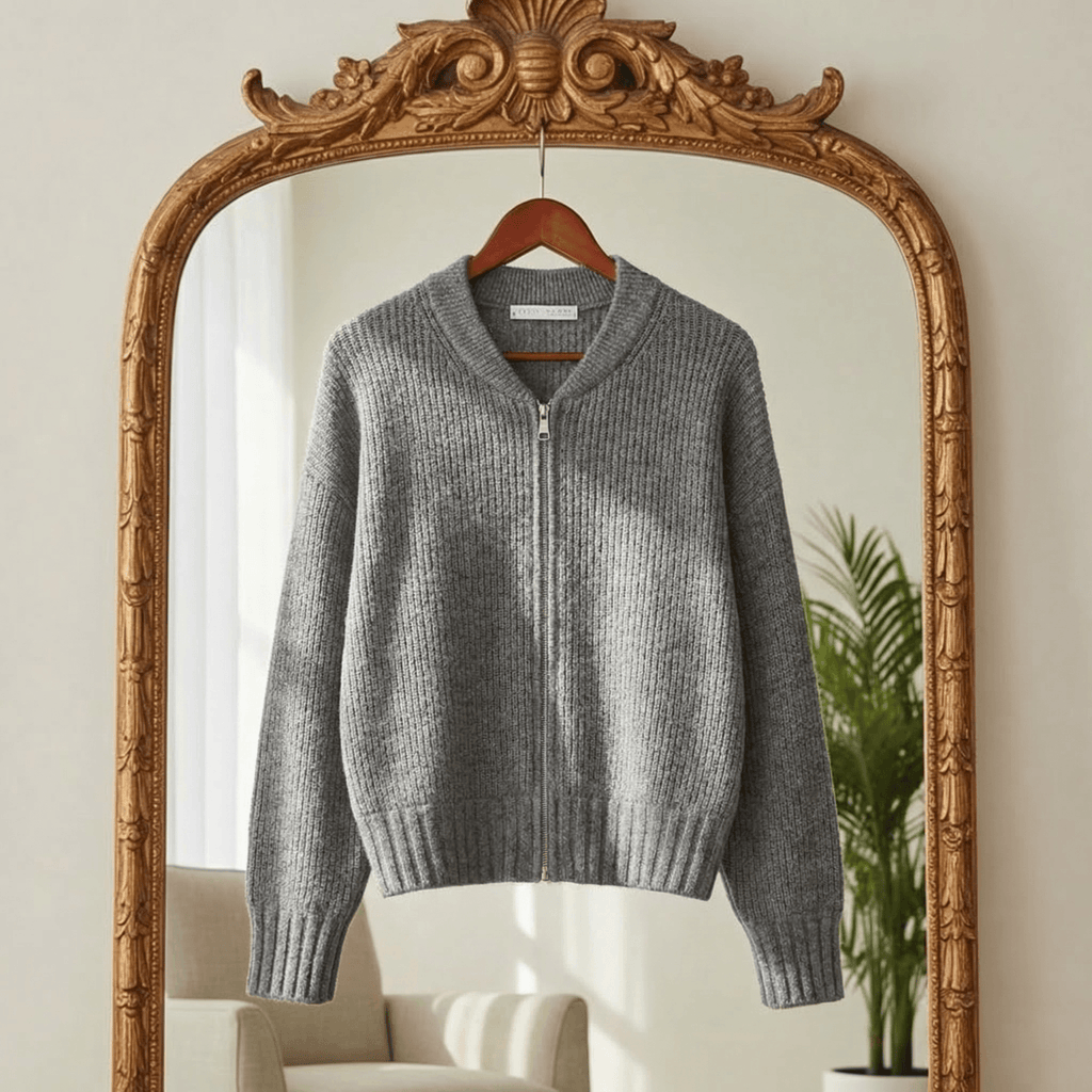 Women's Chunky Knit Zip-Up Cardigan with Bomber Collar and Ribbed Hem