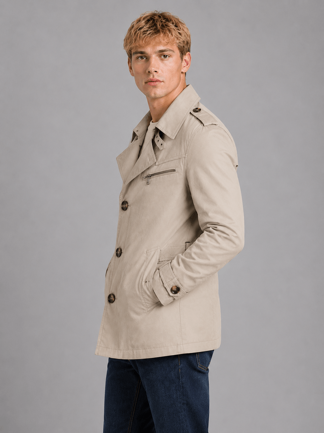 Men's Short Double-Breasted Belted Trench Coat with Epaulettes and Zip Chest Pocket