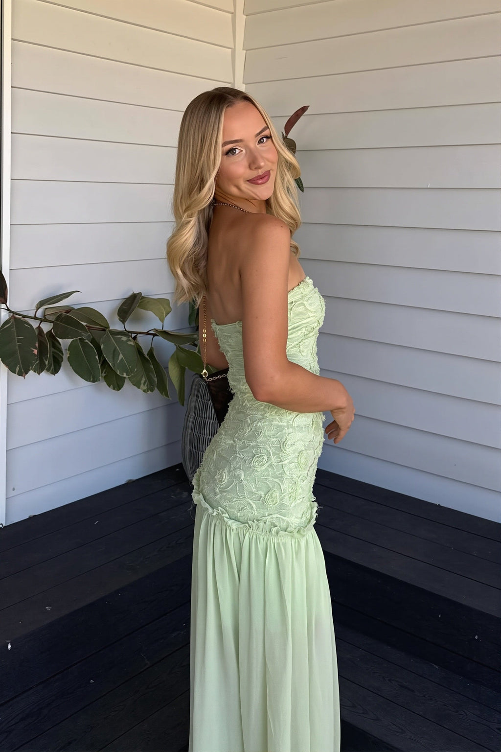 Cleo Strapless Floral Textured Bodice Chiffon Maxi Autumn Wedding Guest Dress