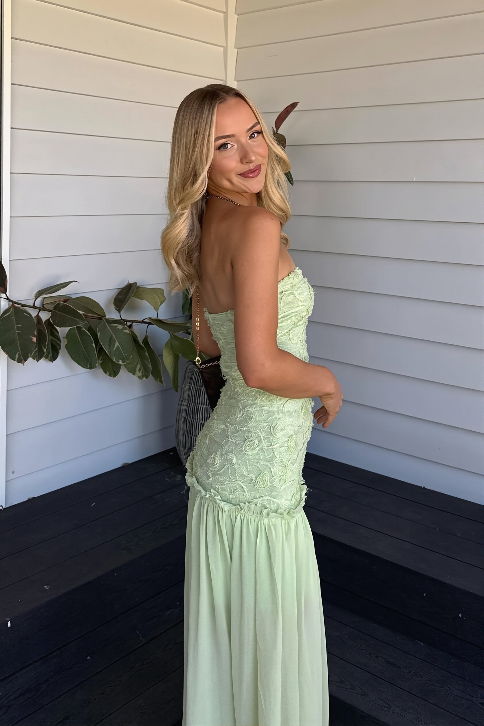 Cleo Strapless Floral Textured Bodice Chiffon Maxi Autumn Wedding Guest Dress