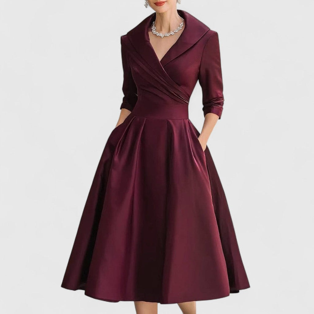 Women's V-Neck Wrap Midi Dress with Shawl Collar and Three-Quarter Sleeves