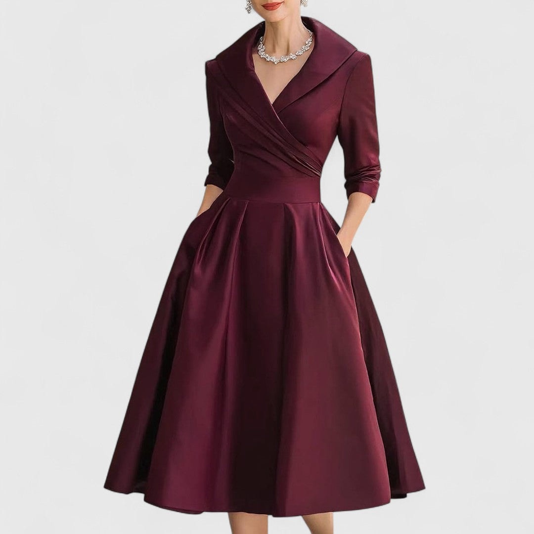 Women's V-Neck Wrap Midi Dress with Shawl Collar and Three-Quarter Sleeves