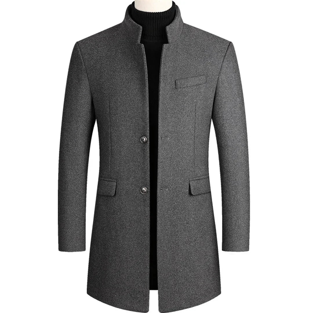Men's Slim Longline Stand-Collar Overcoat with Flap Pockets for Winter