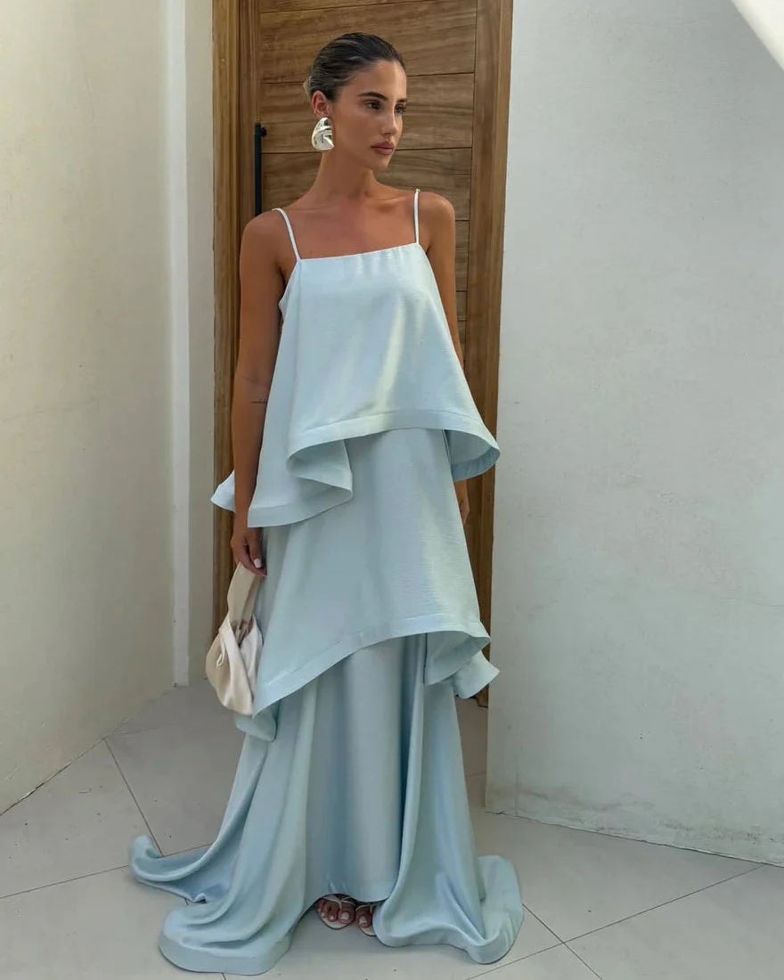 Stevie Tiered Ruffle Satin Maxi Dress for Fall Wedding Guest Dresses