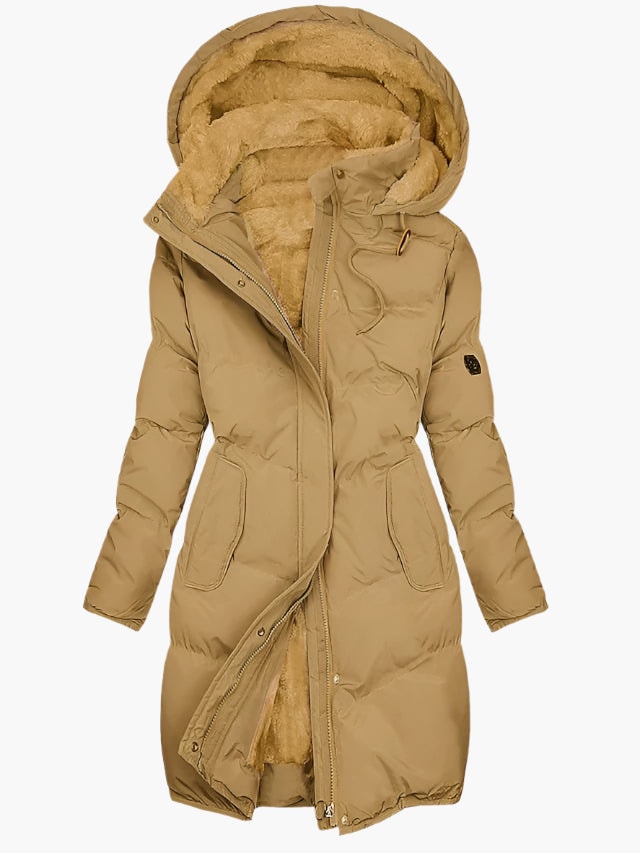 Long Quilted Puffer Jacket with Faux Fur Hood and Zip Placket
