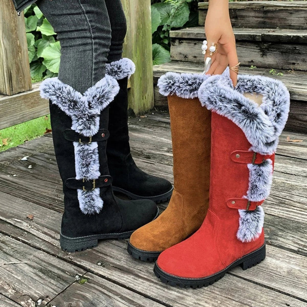 Women's Knee-High Faux Suede Boots with Buckle Straps and Plush Fur Trim