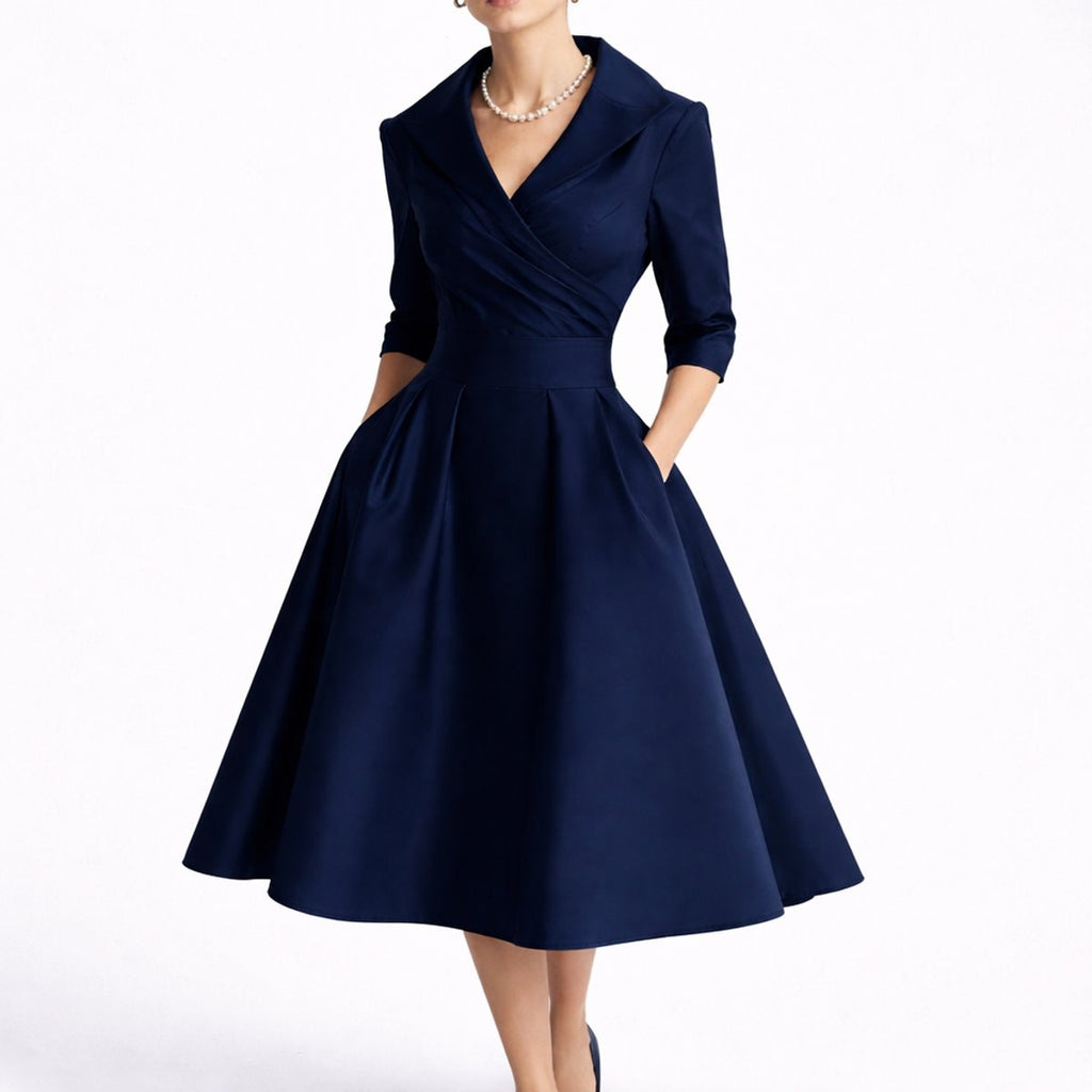 Women's Wrap-Front A-Line Midi Dress with Wide Collar and Side Pockets