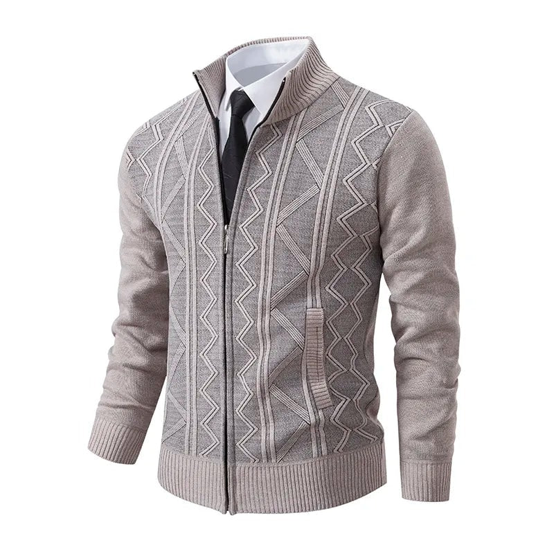 Men's Zip-Up Knit Cardigan with Stand Collar and Geometric Pattern