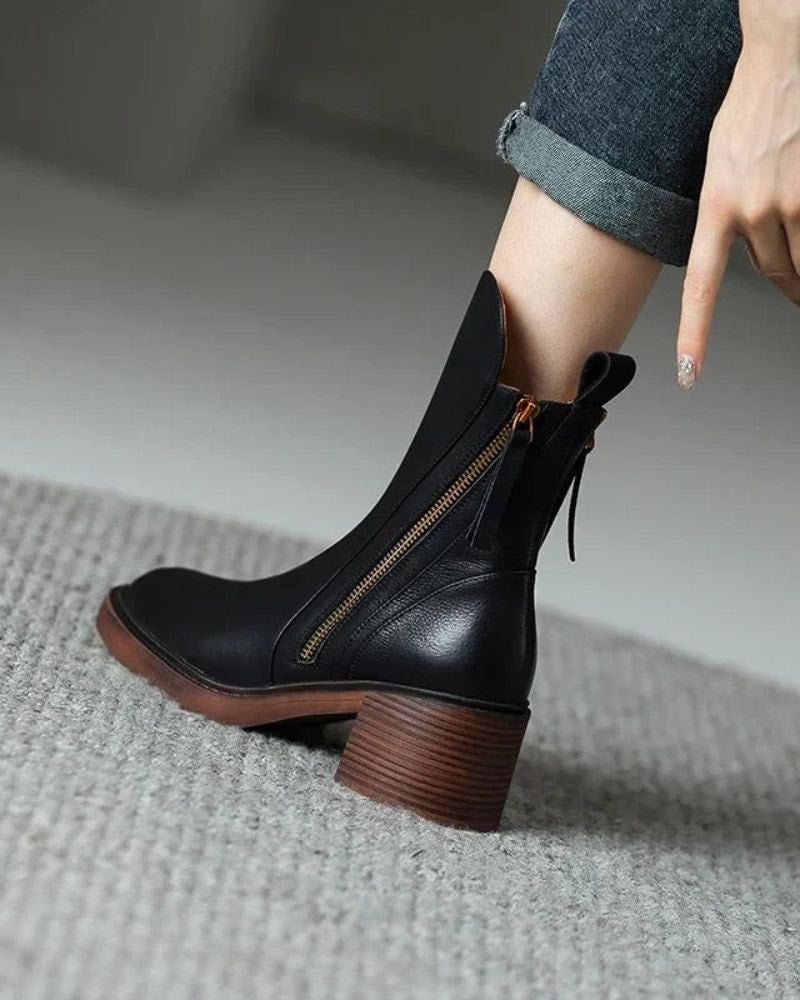 Women's Round-Toe Vegan Leather Ankle Boots with Block Heel and Side Zip