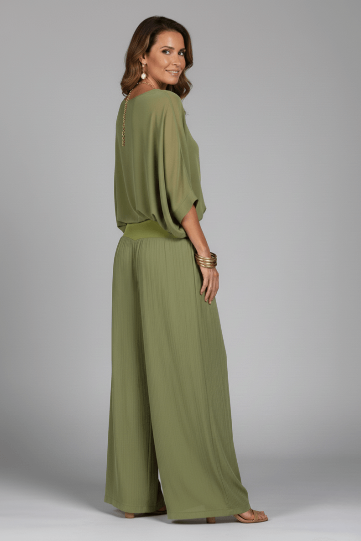 Natalie Women's Chiffon Wide-Leg Two-Piece Co-Ord Set with Draped Top