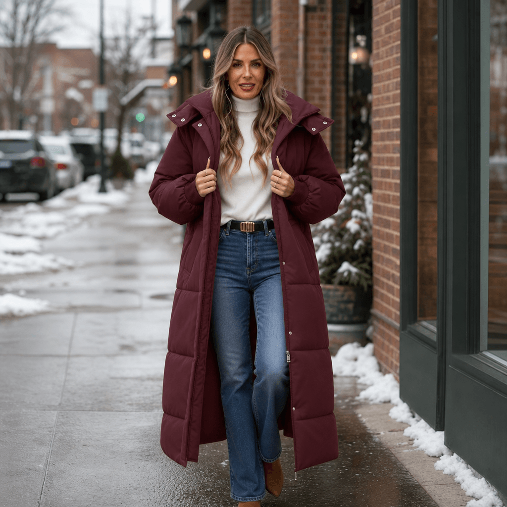 Women's Long Hooded Quilted Puffer Jacket with Side Pockets