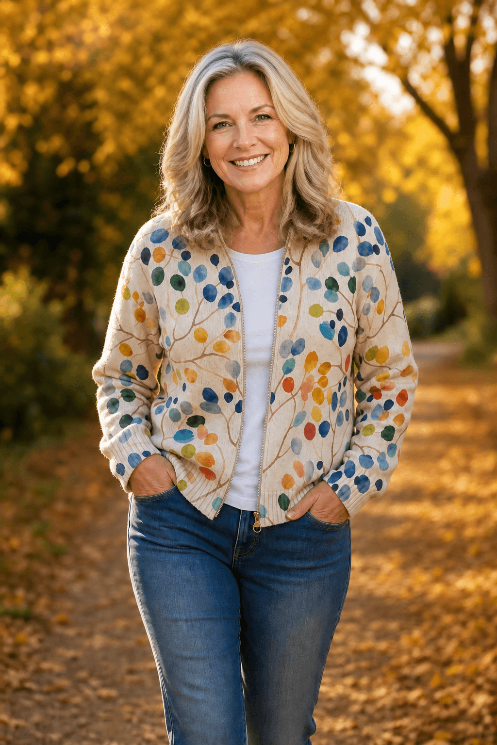 Women's Botanical Print Zip-Up Knit Cardigan Jacket