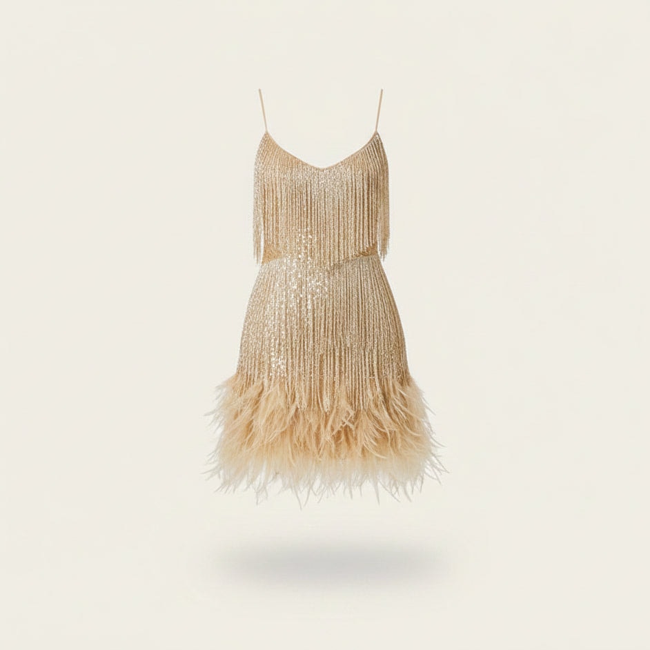 Sequin Fringe Feather Hem Fall Dresses for Women Wedding Guest Cocktail Events