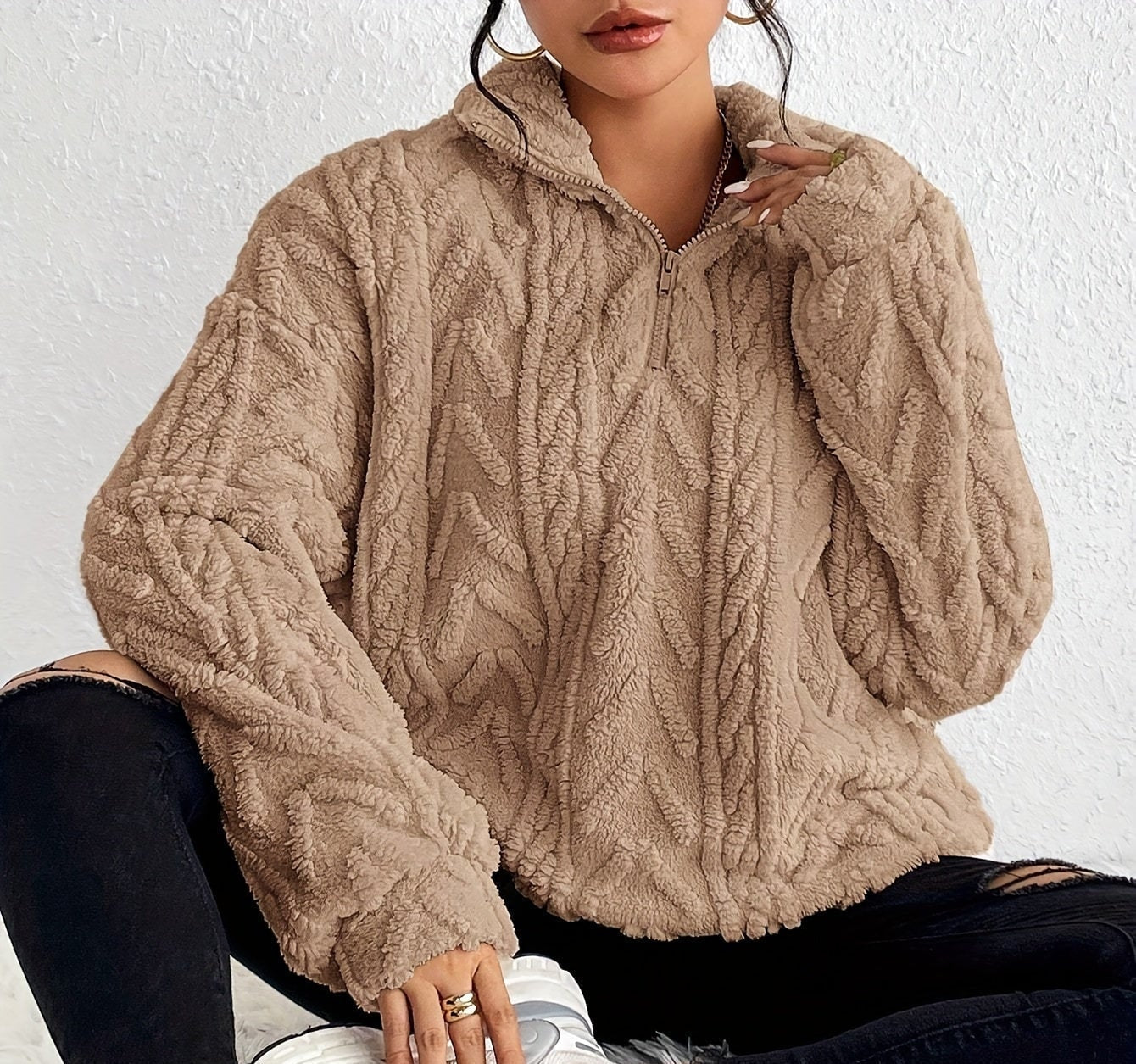 Aicha | Textured Half-Zip Oversized Sweater with Wrap Front