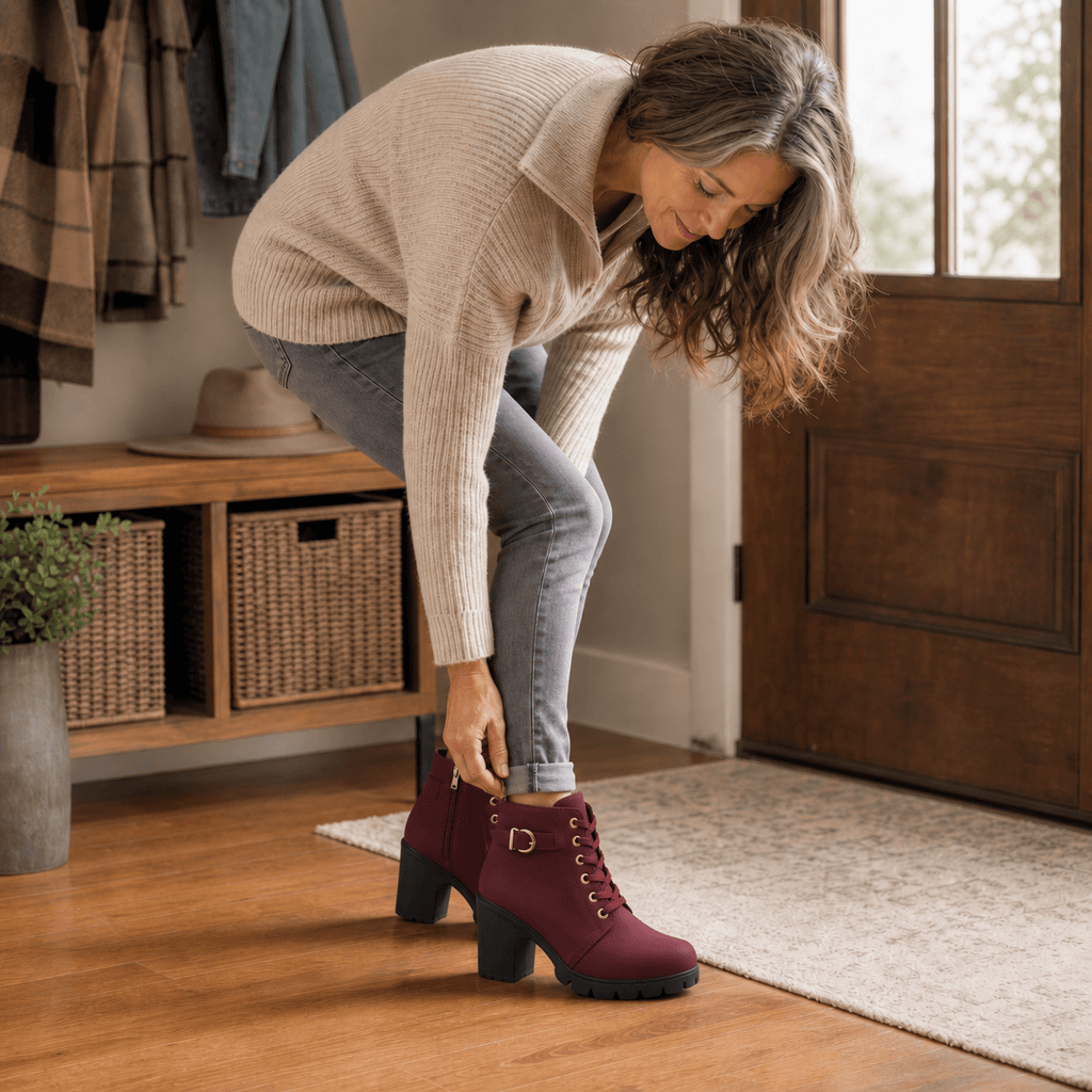 Women's Lace-Up Chunky Block Heel Ankle Boots with Side Zipper and Buckle Strap