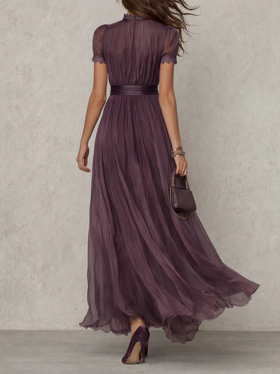 Lace Trim Gathered Waist Maxi Fall Dresses for Women Wedding Guest Events