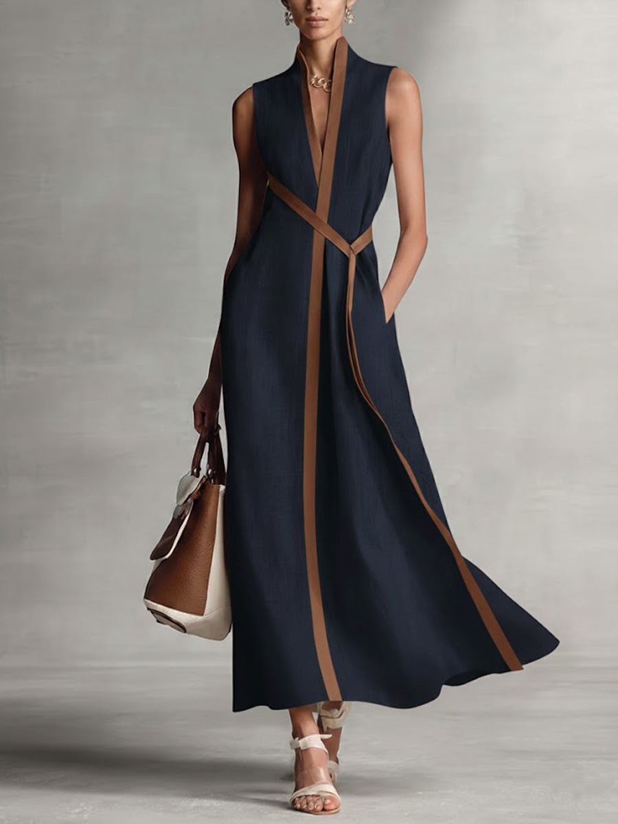 Isabella Sleeveless Wrap-Front Maxi Dress with Contrast Trim