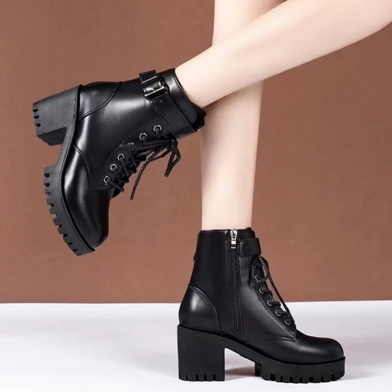 Women's Lace-Up Ankle Boots with Chunky Block Heel Platform Sole and Side Zip