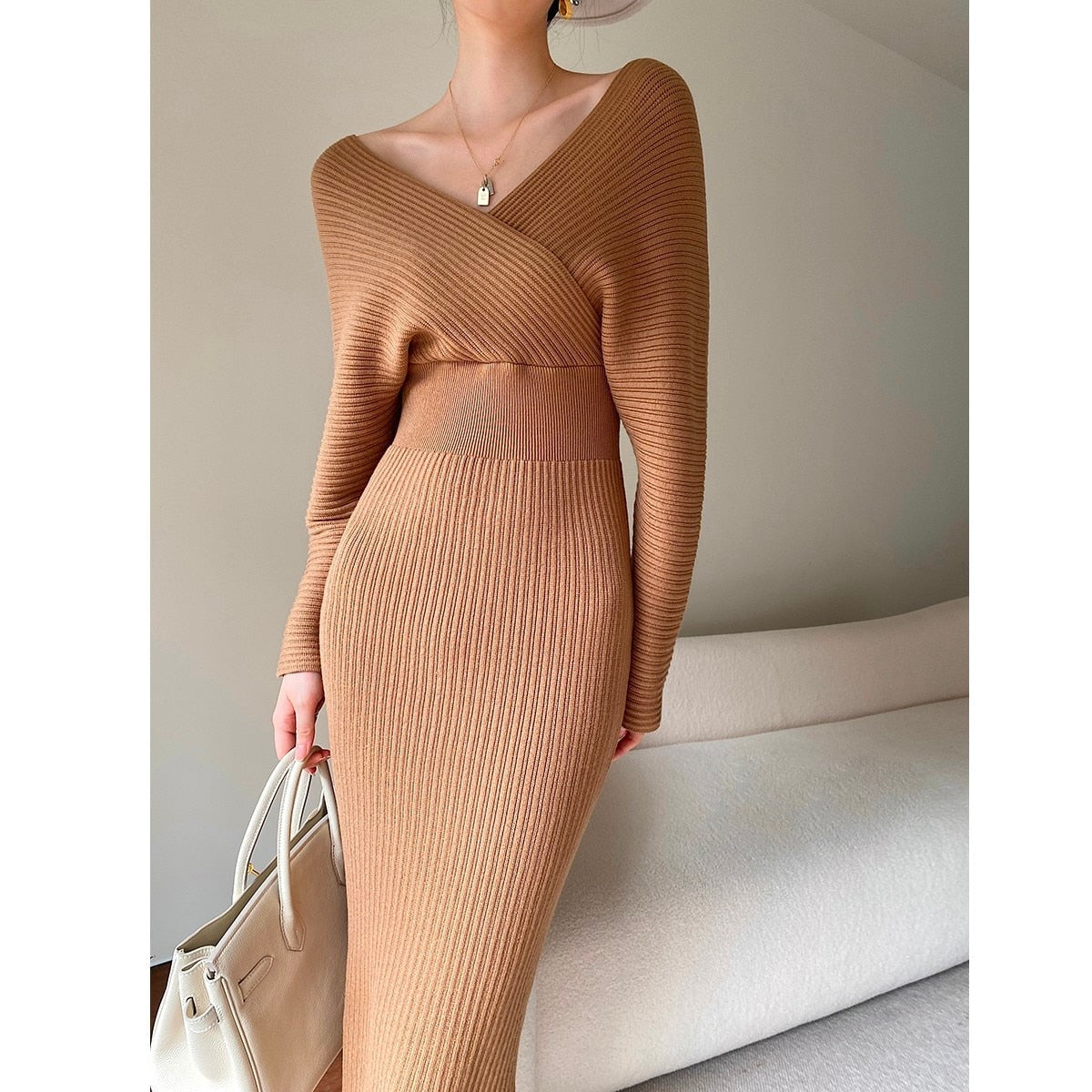 Women's Ribbed Knit Wrap Midi Sweater Dress with V-Neck and Long Sleeves