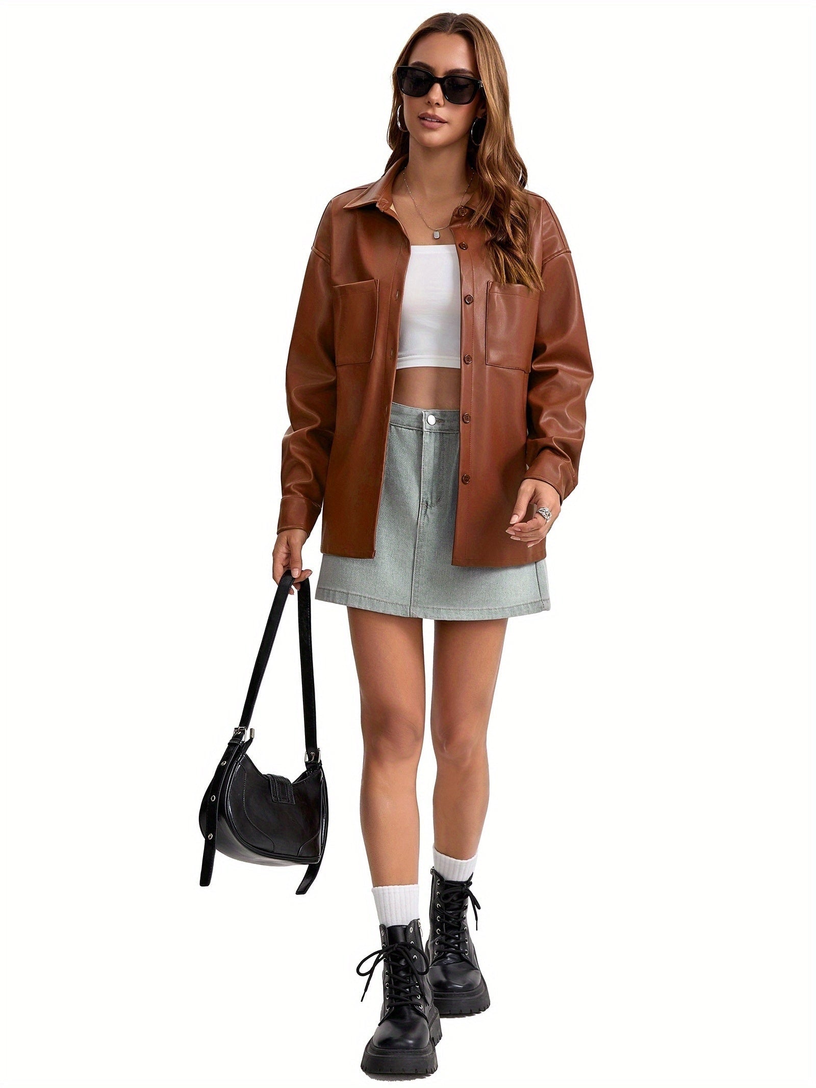 Oversized Faux Leather Shacket with Button Front Collared Fall Jacket
