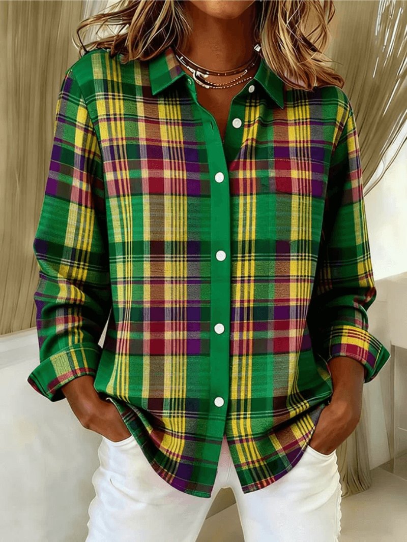 Esmeralda Women's Plaid Cotton Blend Long Sleeve Button-Up Blouse