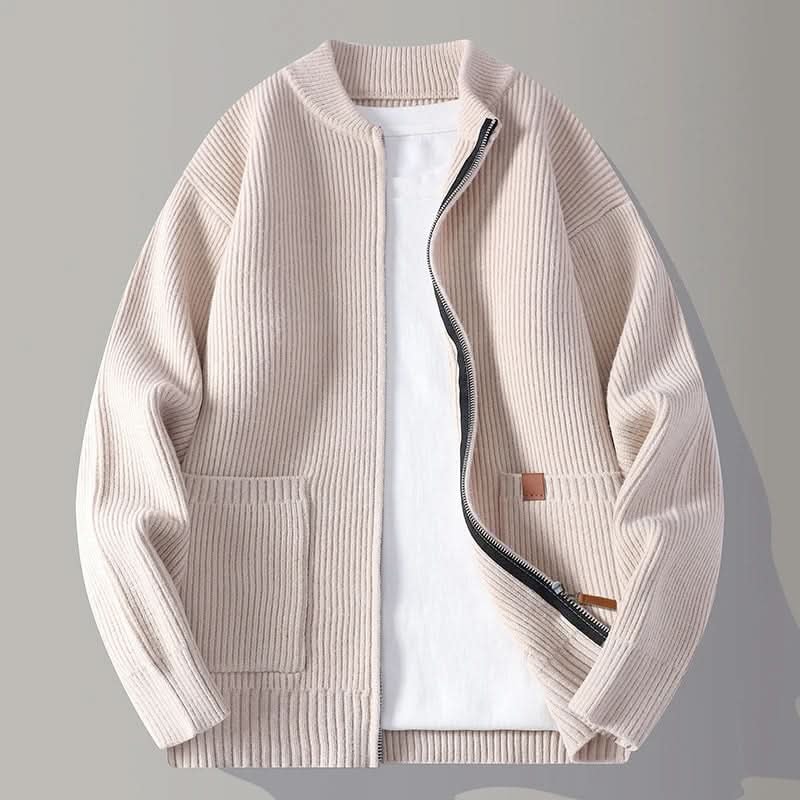 Men's Ribbed Knit Zip-Up Cardigan with Stand Collar and Patch Pockets