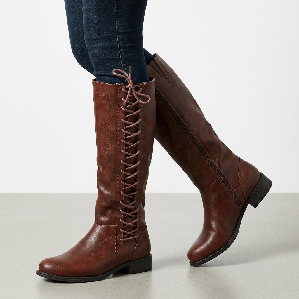 Women's Knee-High Riding Boots with Lace-Up Side and Block Heel