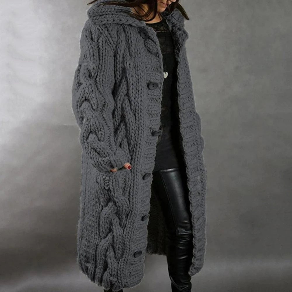 Chunky Hooded Long Cable-Knit Women's Cardigan with Pockets