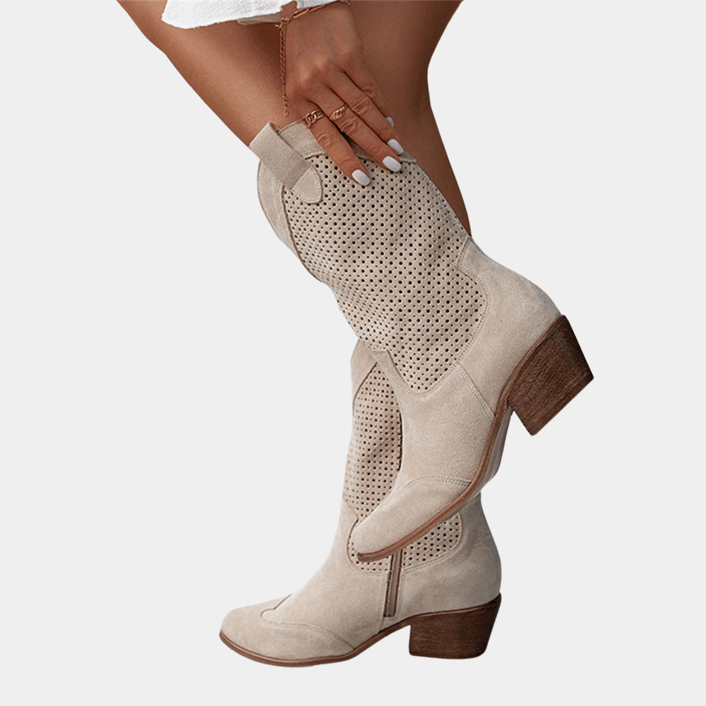 Perforated Faux Suede Western Womens Boots with Side Zipper Ankle Design
