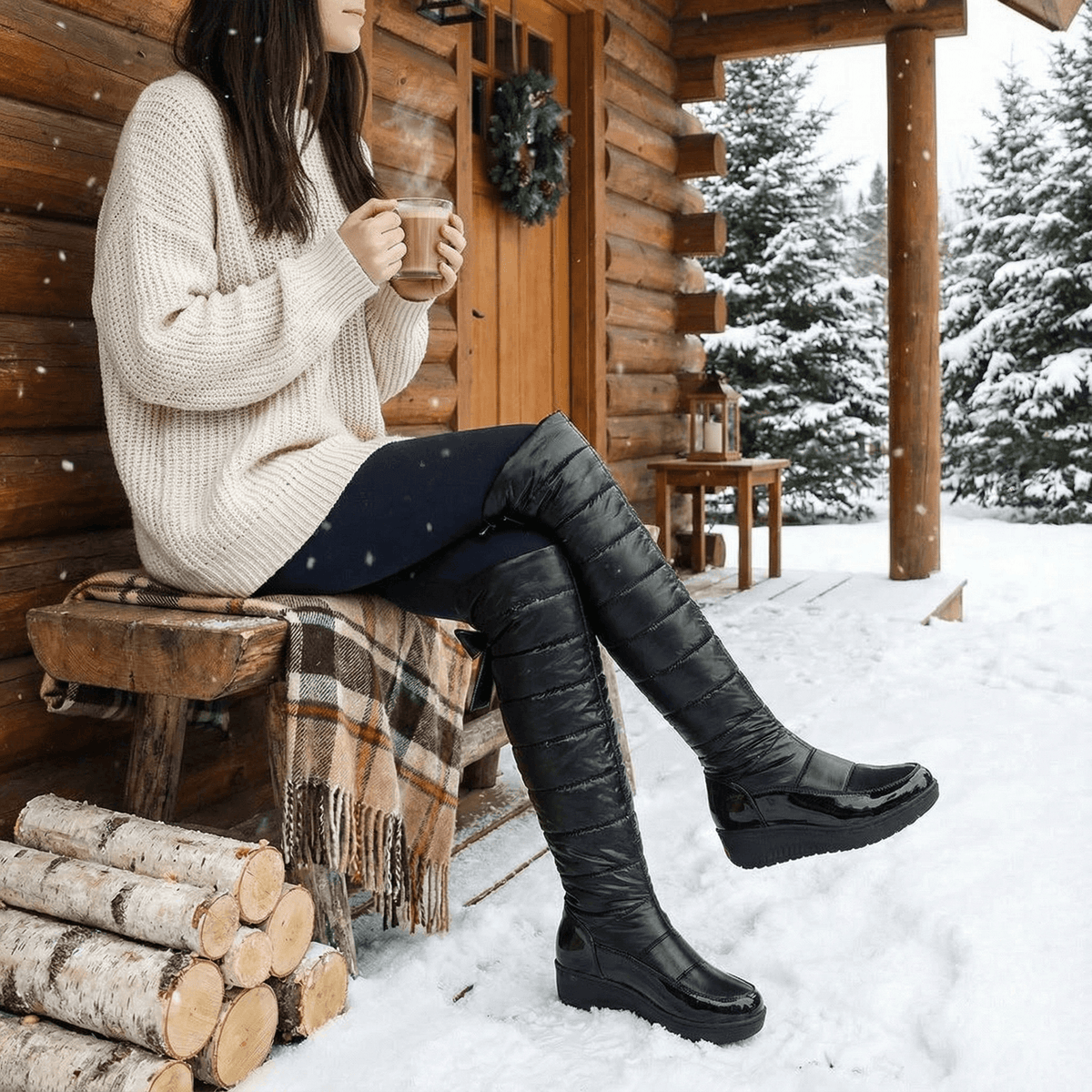 Velura Women's Black Fleece-Lined Quilted Over-the-Knee Boots with Drawstring Bow Detail
