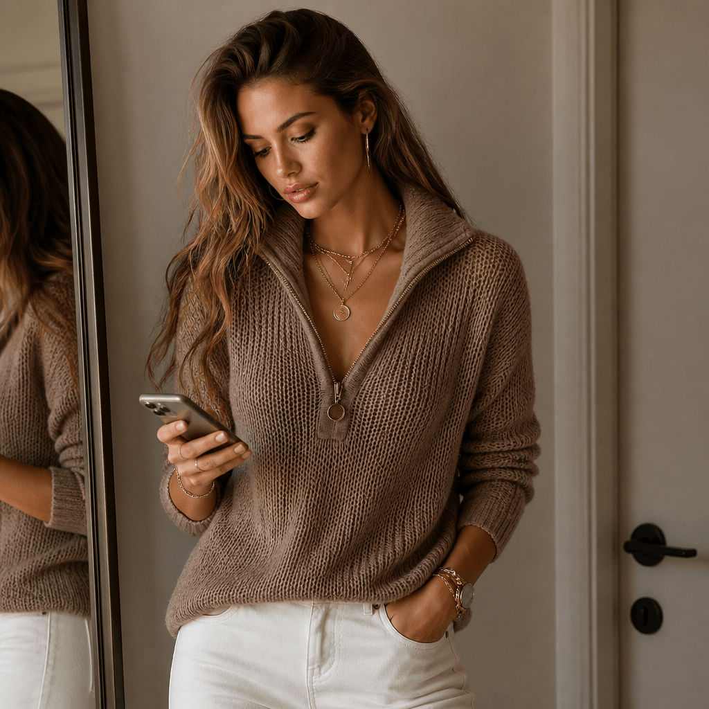 Women's Half-Zip Textured Knitted Sweater with Convertible Collar
