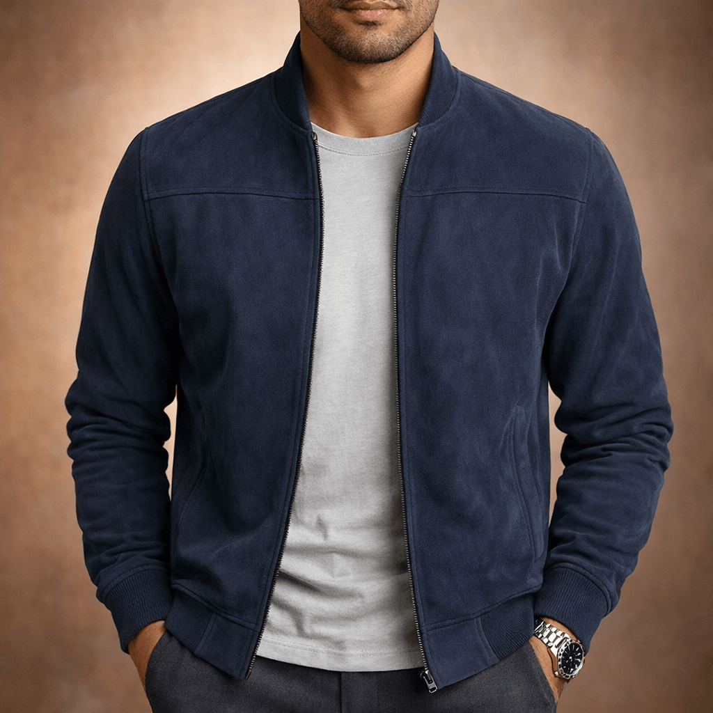 Suede Bomber Jacket for Men with Ribbed Collar and Cuffs