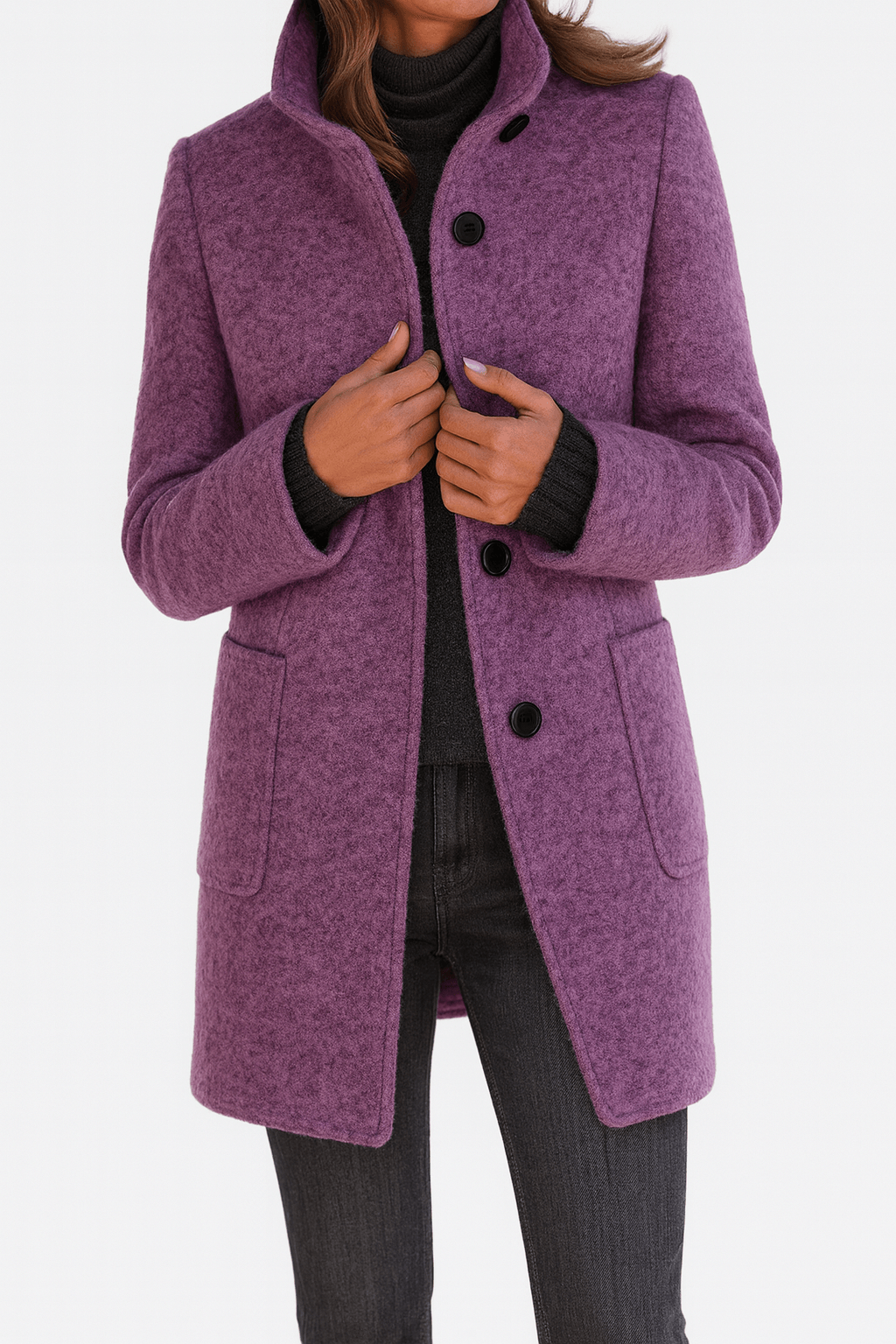 Mid-Length Pea Coat with Stand Collar and Patch Pockets