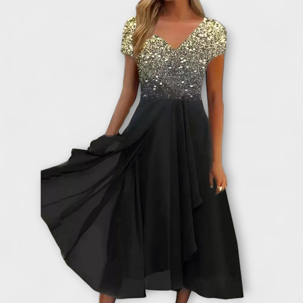 Women's Ombre Print V-Neck Chiffon Midi Dress with Short Sleeves and Layered Skirt