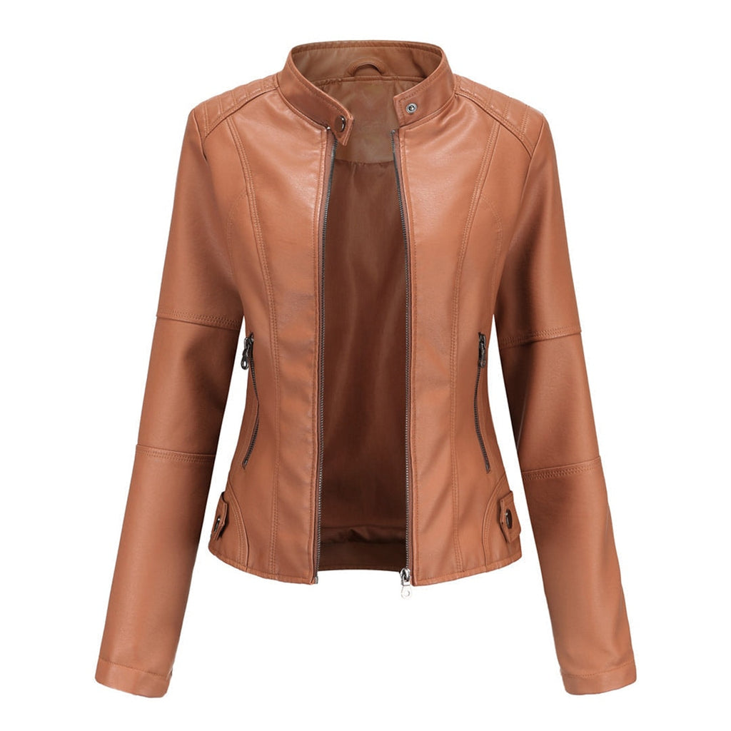 Fitted Faux Leather Moto Jacket with Zip Pockets for Women's Fall Layering