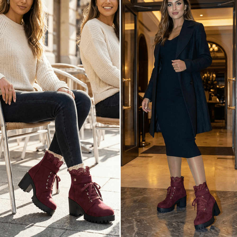 Lacelle Lace-Trim Suede Women's Ankle Boots with Chunky Block Heel