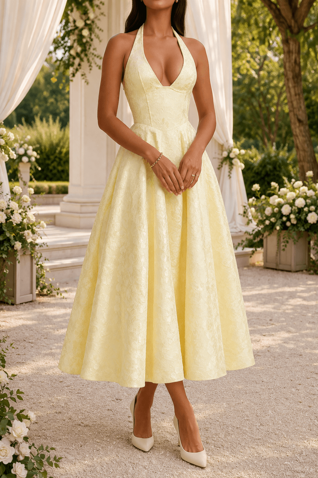 Cheap Bridesmaid Dresses Halter Neck Jacquard Midi Style for Fall Wedding Guest Occasions