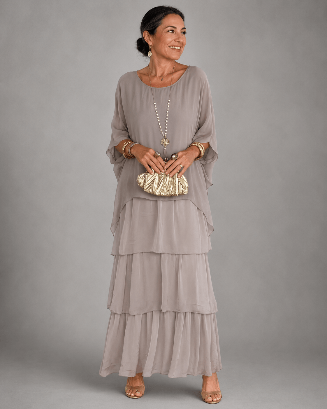 Tiered Ruffle Women's Midi-to-Maxi Dress with Flowing Capelet Sleeves