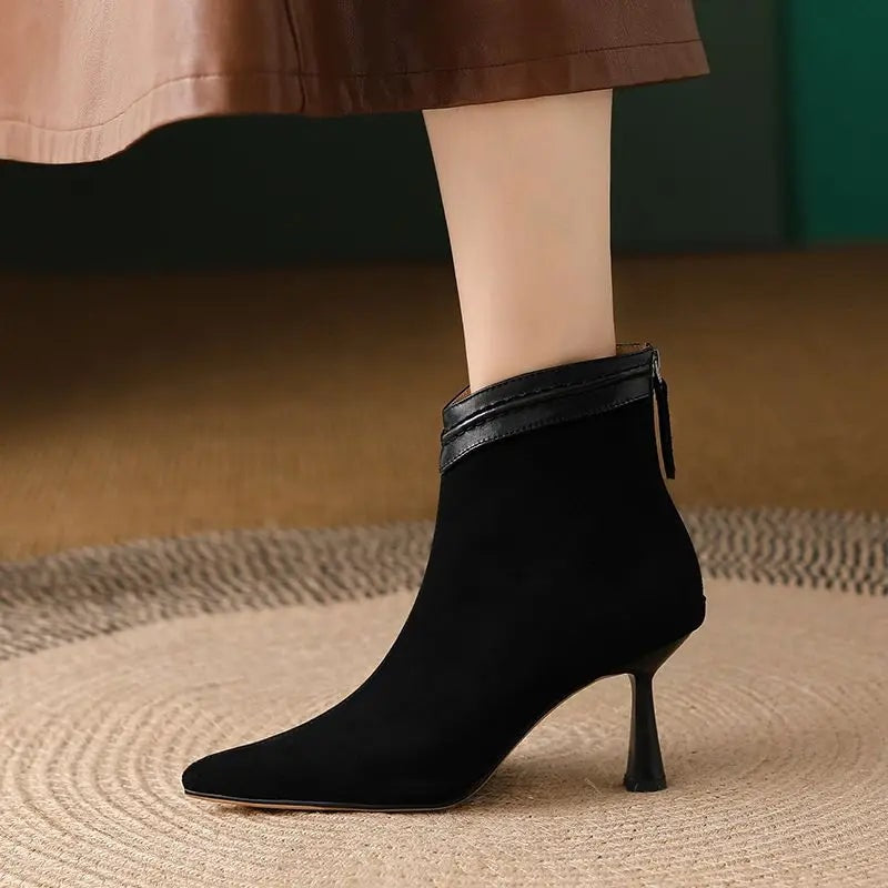 Fang Pointed-Toe Suede Women's Ankle Boots with Sculpted Kitten Heel