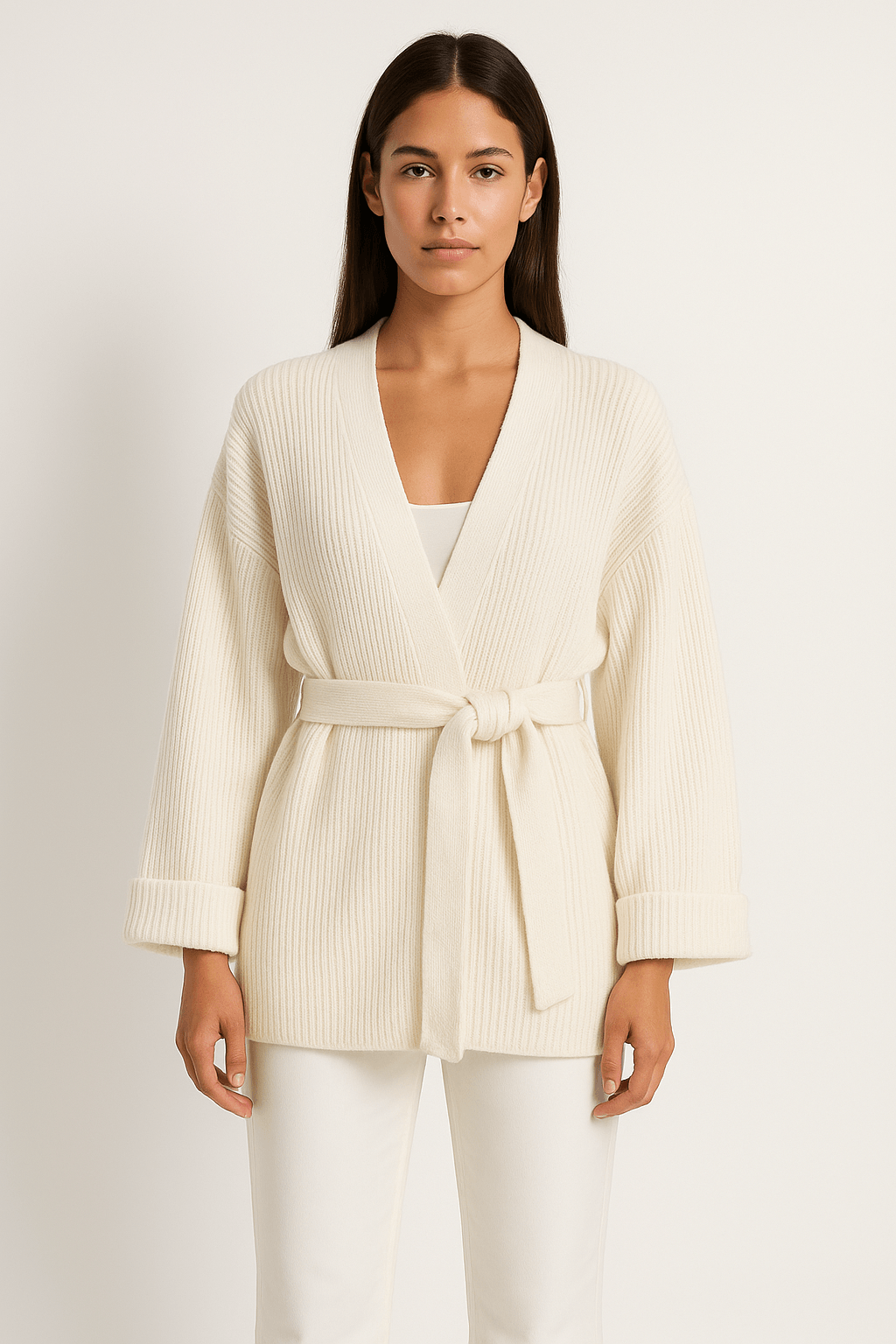 Women's Belted Knit Wrap Cardigan with Cuffed Sleeves and V-Neck
