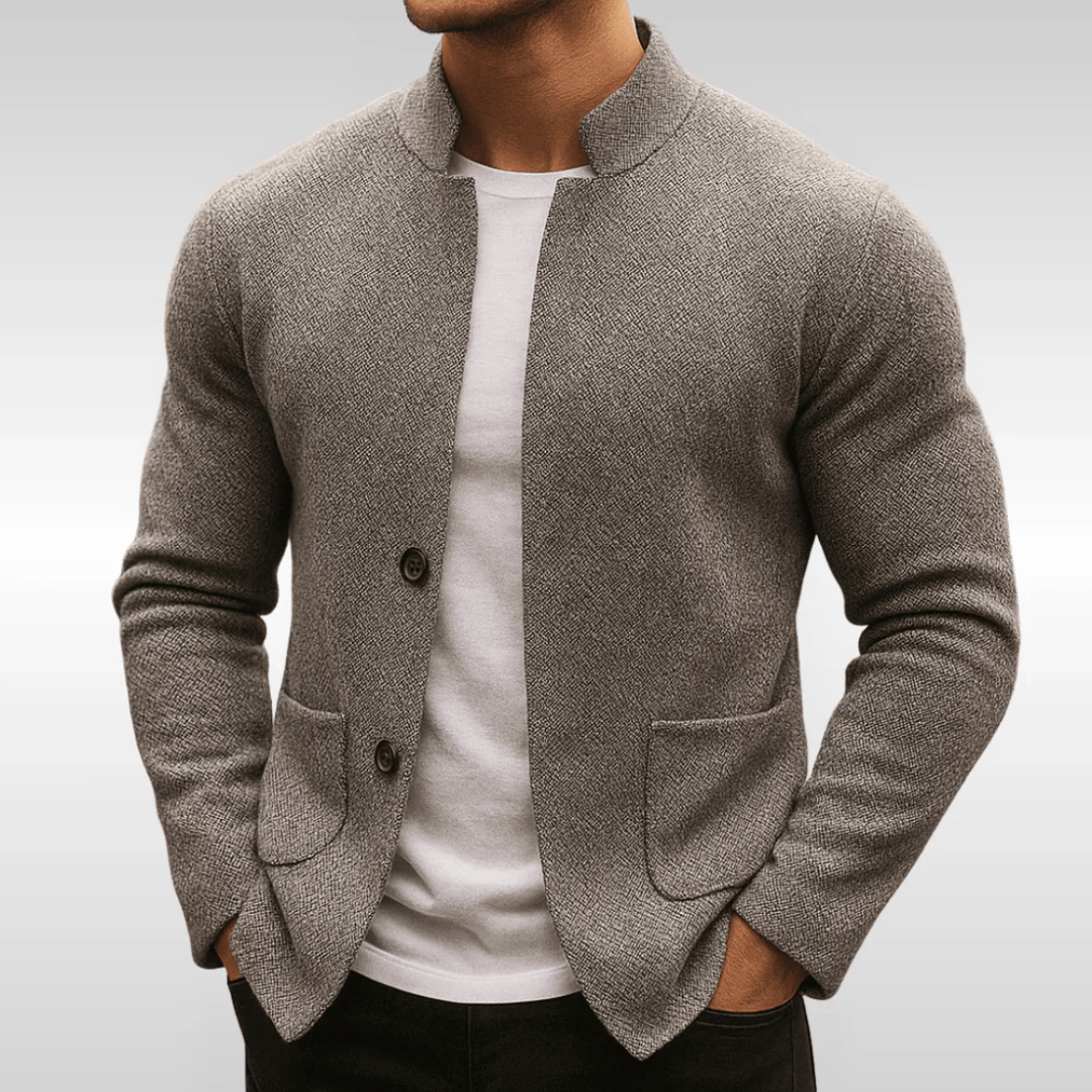Men's Structured Knit Sweater Blazer with Mandarin Collar