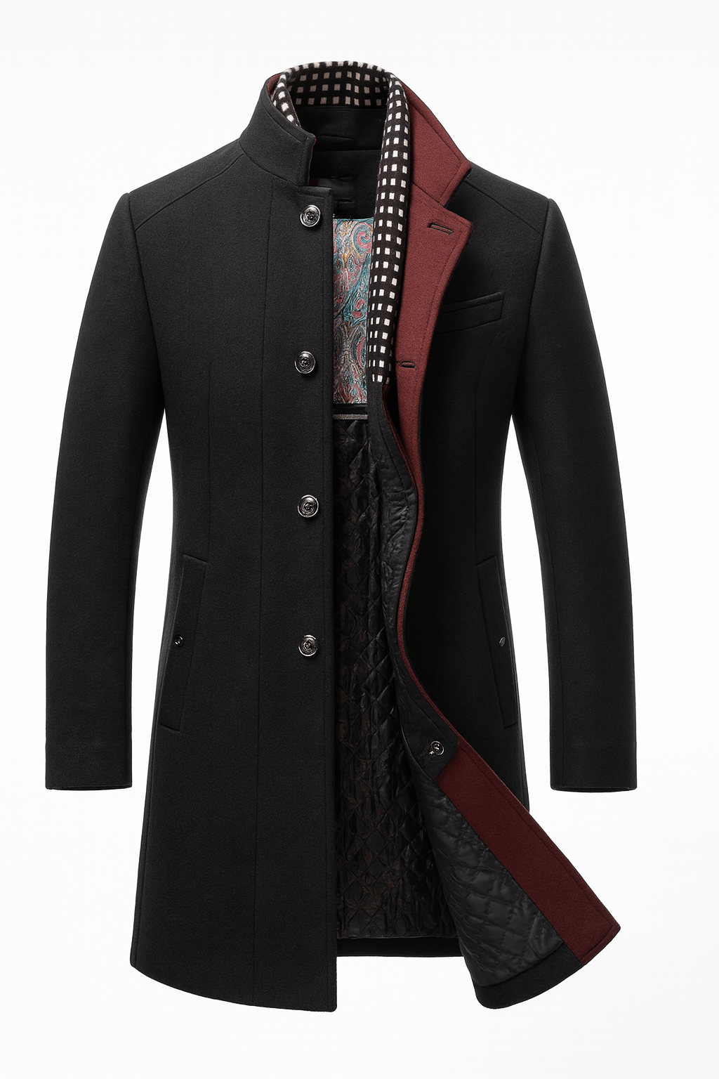Men's Tailored Wool-Blend Winter Coat with Stand Collar