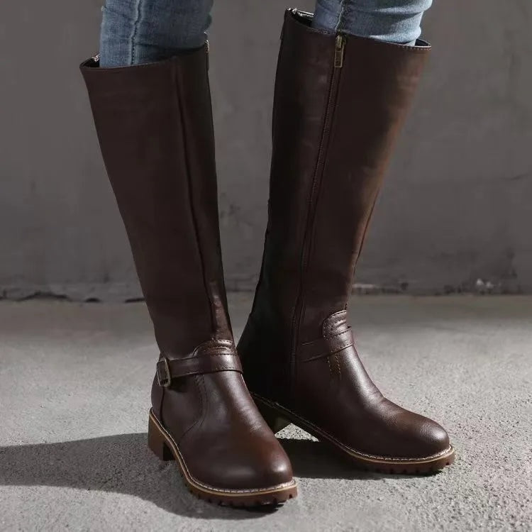 Knee High Riding Fall Boots with Side Zipper and Buckle Strap