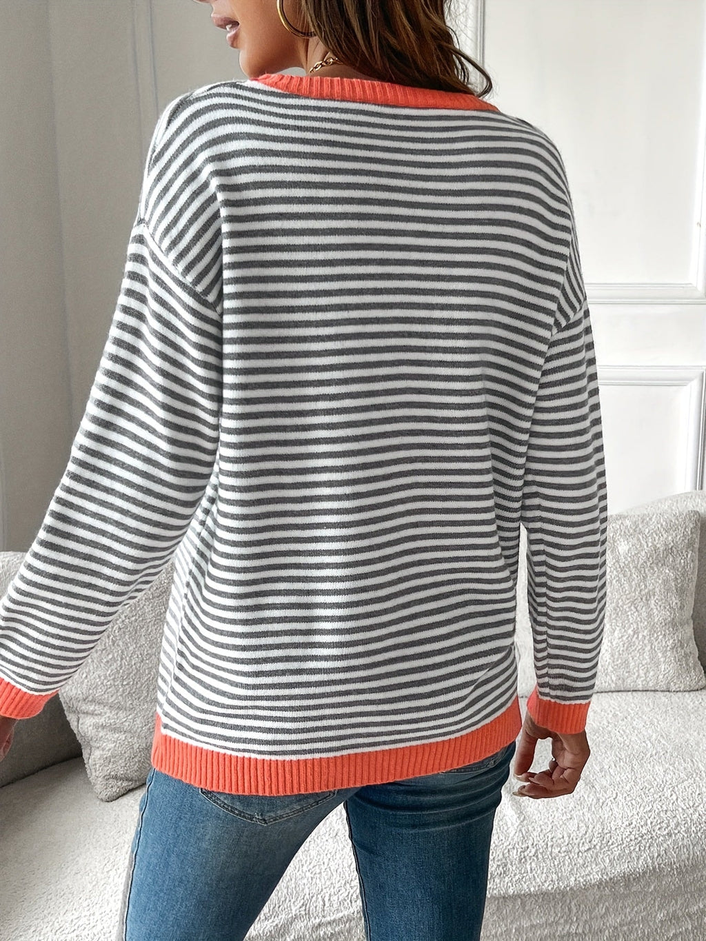 Striped Color-Block Crew Neck Knit Sweater for Women