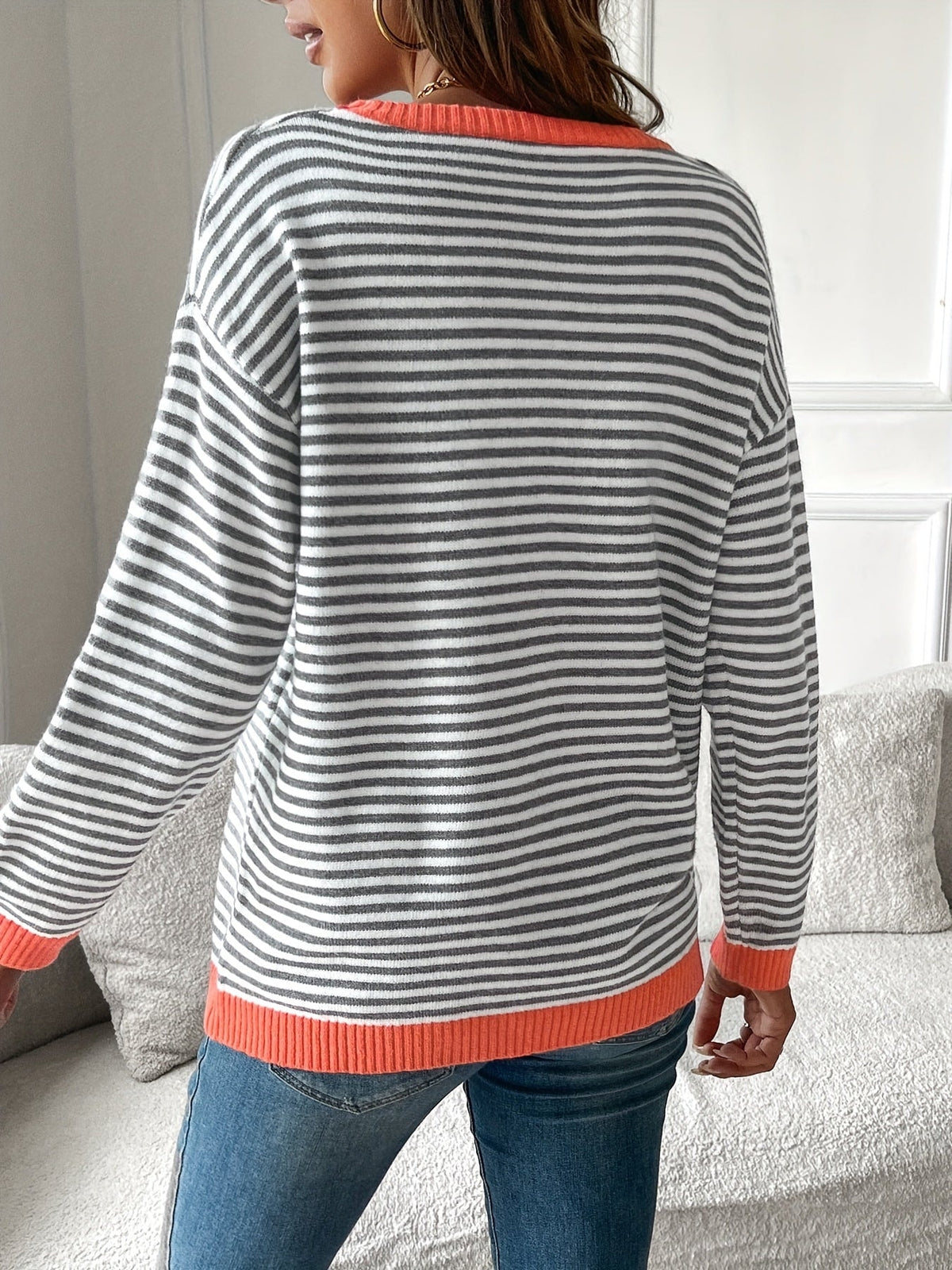 Striped Color-Block Crew Neck Knit Sweater for Women