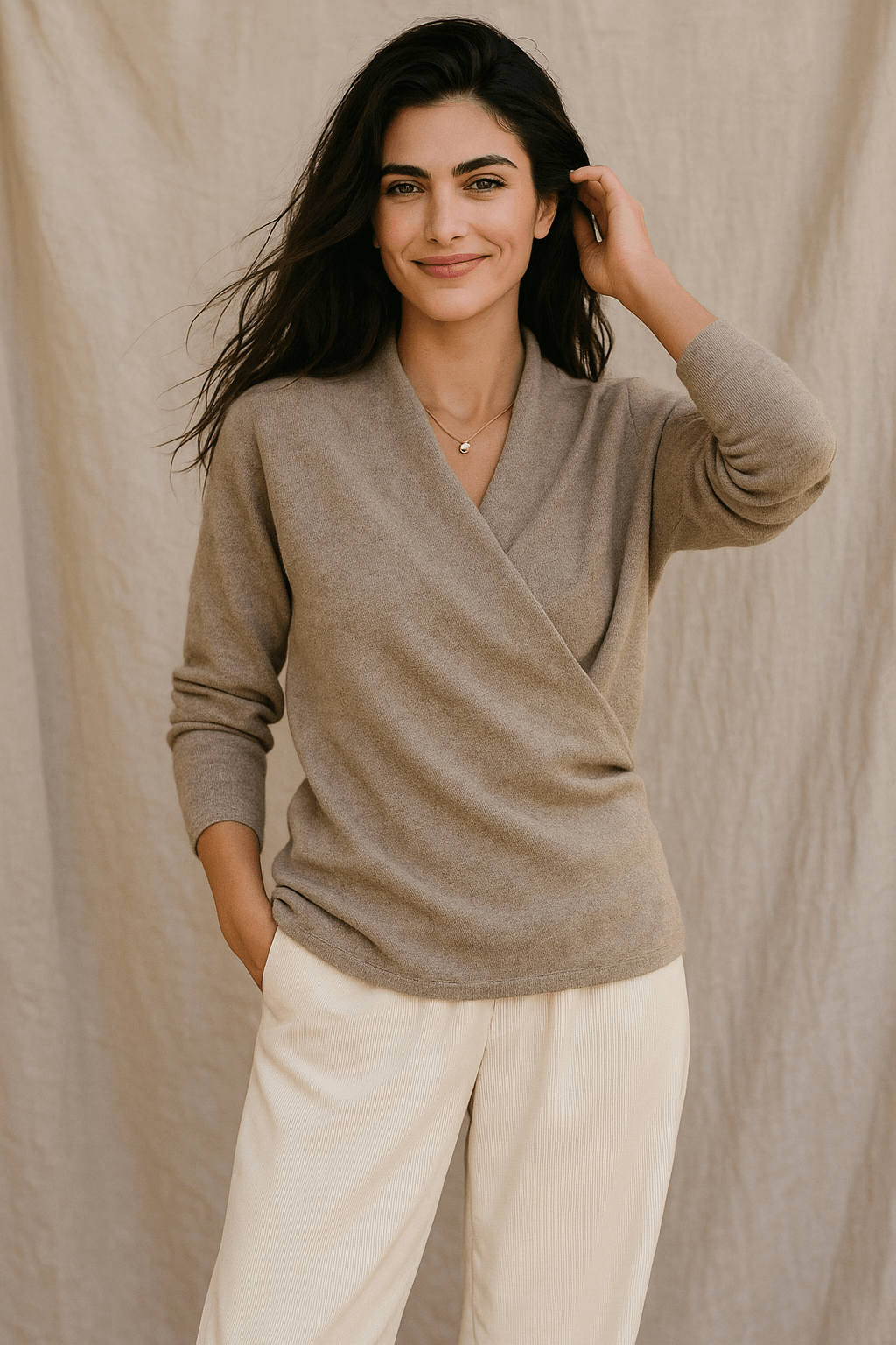 Women's Wrap-Front Knitted Sweater with V-Neck and Ribbed Hem