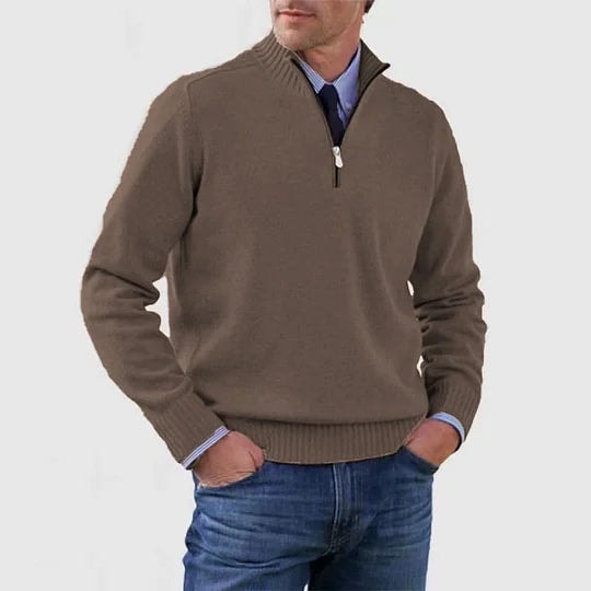 Men's Half-Zip Mock Neck Knitted Sweater with Ribbed Trim