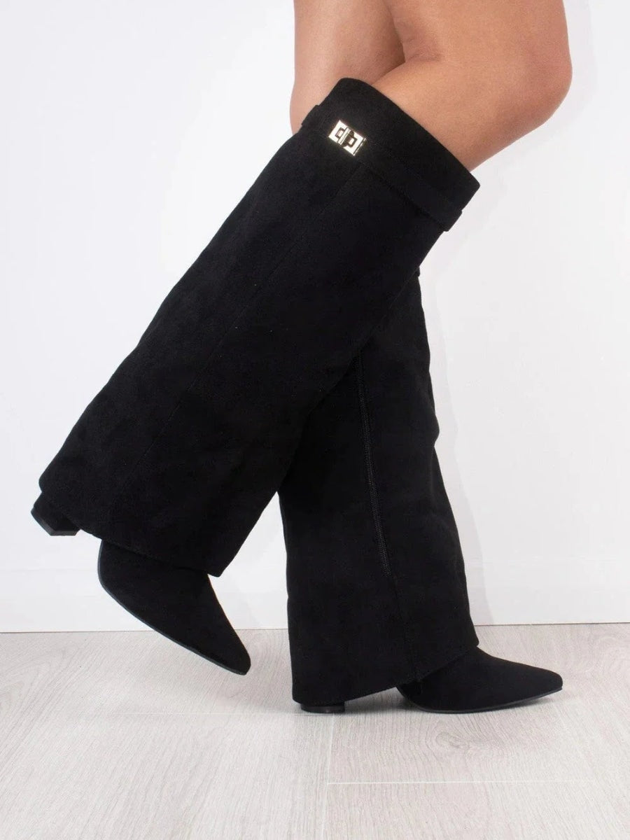 Knee-High Fold-Over Brown Boots with Buckle Strap for Fall and Winter