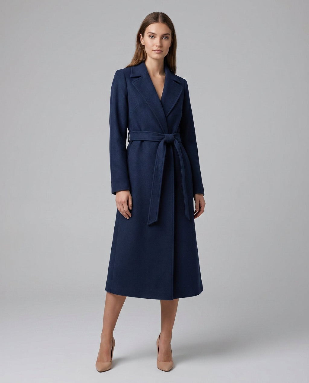 Belted Wool-Blend Long Lapel Winter Trench Coat for Women